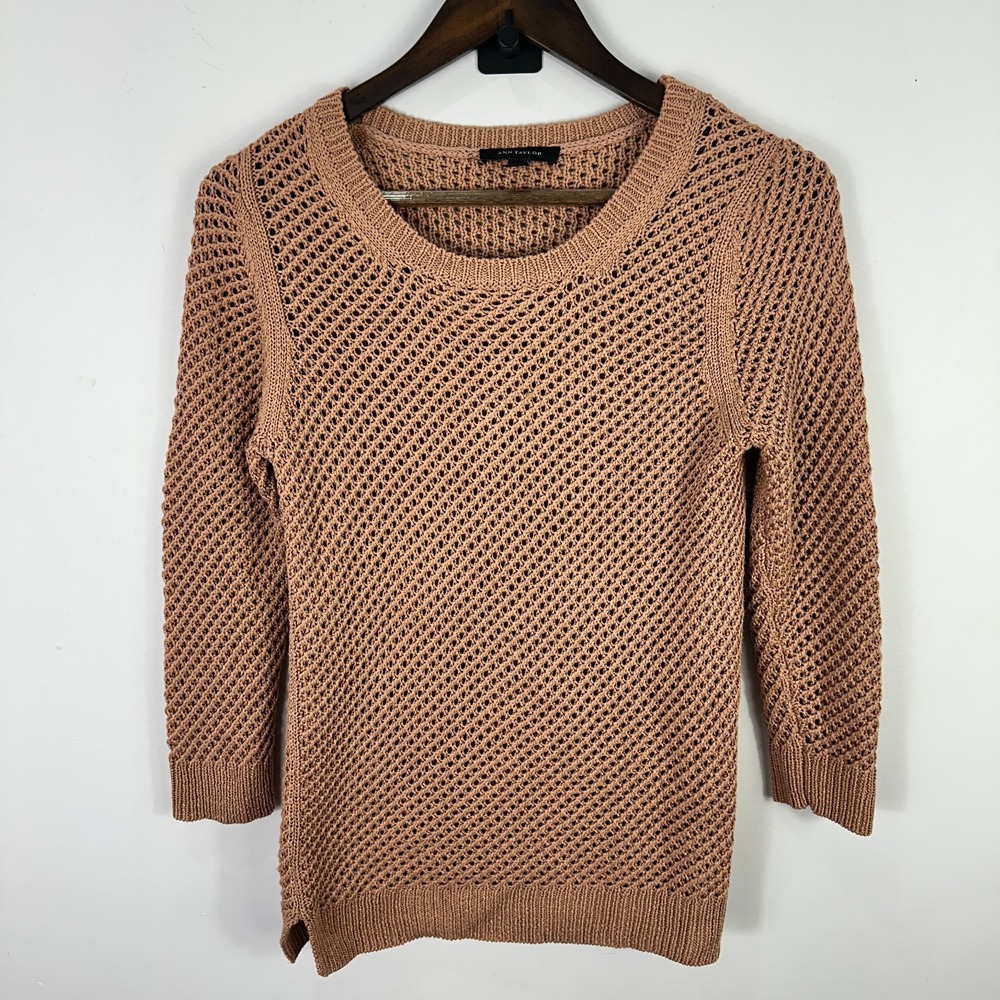 Ann Taylor Sweater M Tan Open Knit Pullover Minimalist Preppy Quiet Luxury